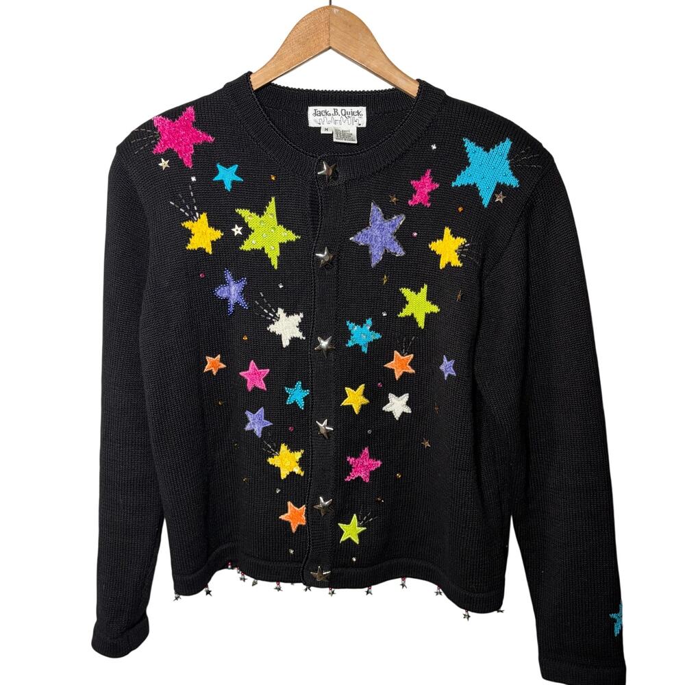 Jack B. Quick Sweater Novelty Black Starburst Button Cardigan Beaded Sequin M